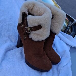 UGG Brown Suede Shearling Cuff Heeled Boots